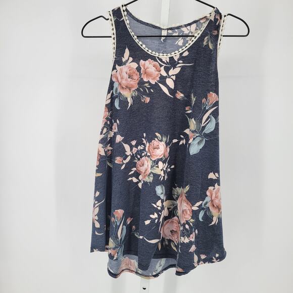 Pink Blush Womens Sz S Loose Fit Sleeveless Blouse Navy Blue Floral - Picture 1 of 4